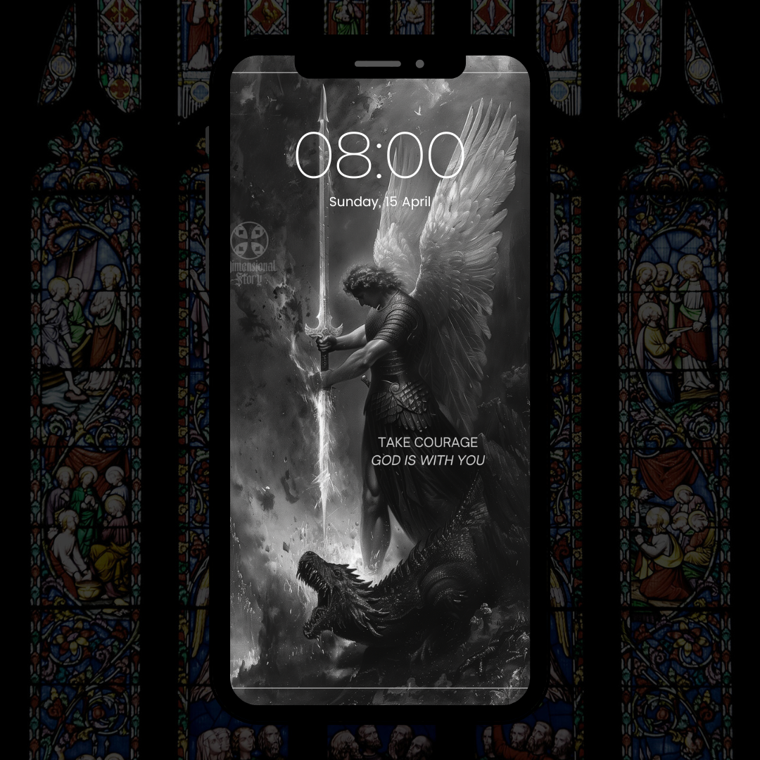 Saint Michael Archangel Slaying Dragon Phone Wallpaper - Divine Battle Scene