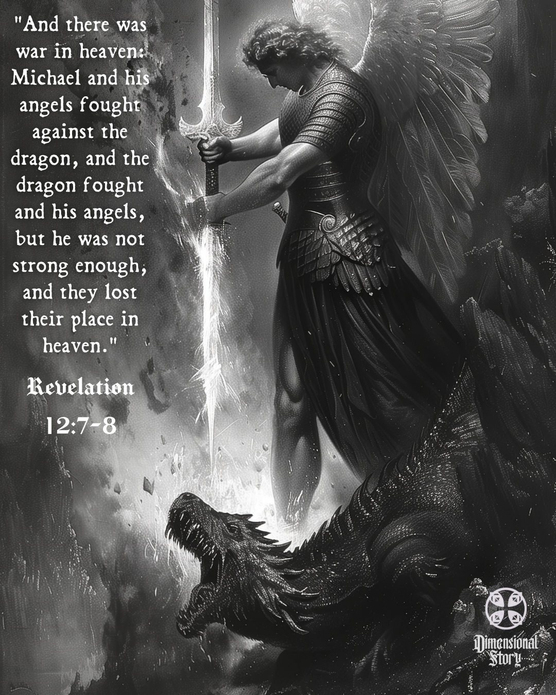Saint Michael Archangel Slaying Dragon Wall Art - Revelation 12:7-8 Bible Verse Print - Christian Merch by Dimensional Story