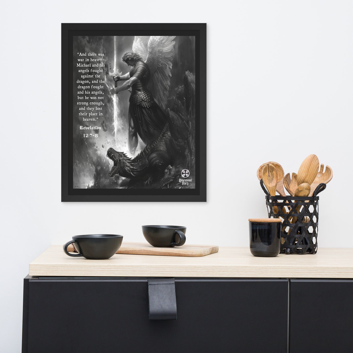 Saint Michael Archangel Slaying Dragon Wall Art - Revelation 12:7-8 Bible Verse Print - Christian Merch by Dimensional Story