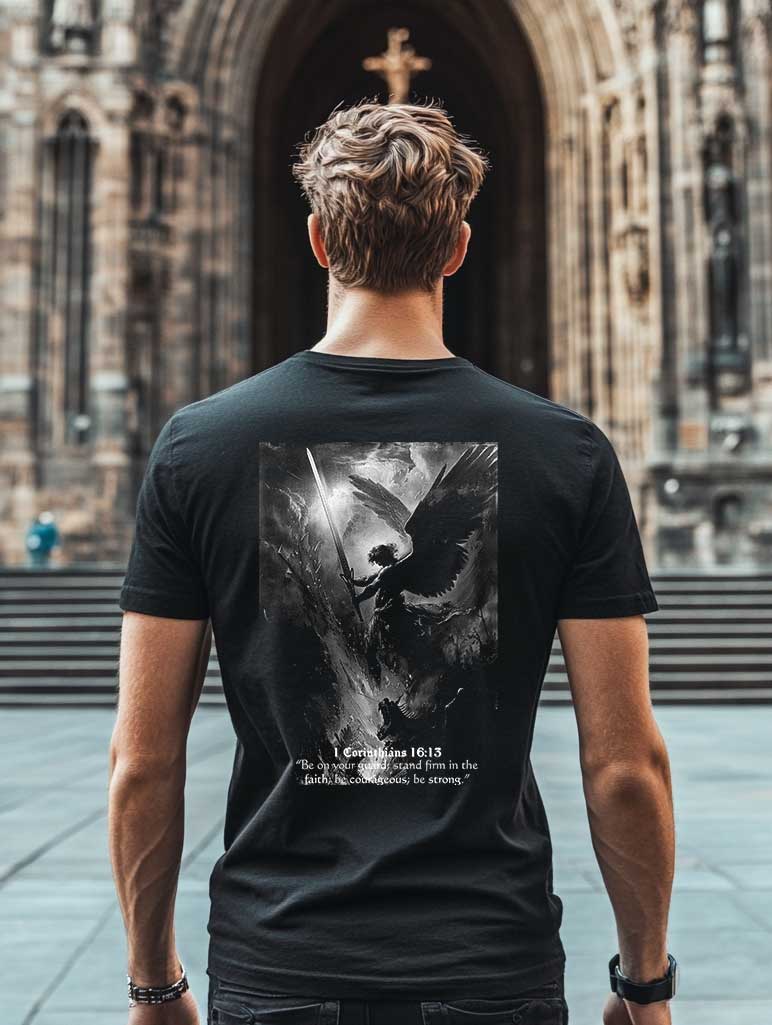 Saint Michael Archangel vs Dragon T-Shirt - 1 Corinthians 16:13 Bible Verse - Dimensional Story
