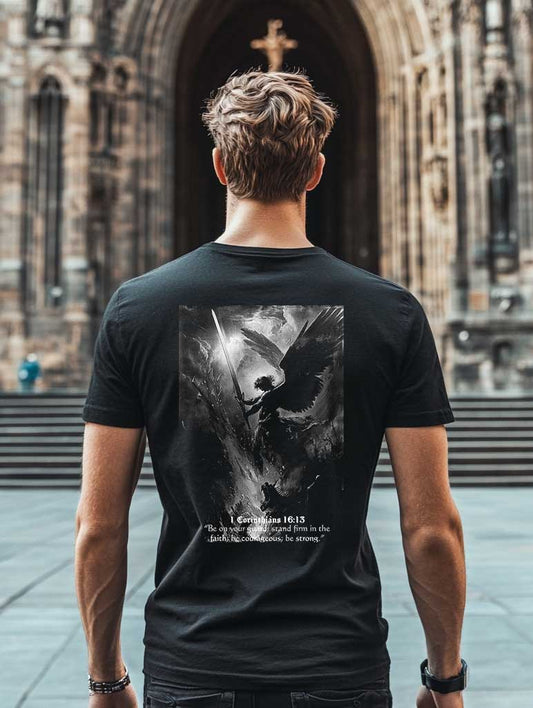 Saint Michael Archangel vs Dragon T-Shirt - 1 Corinthians 16:13 Bible Verse - Dimensional Story